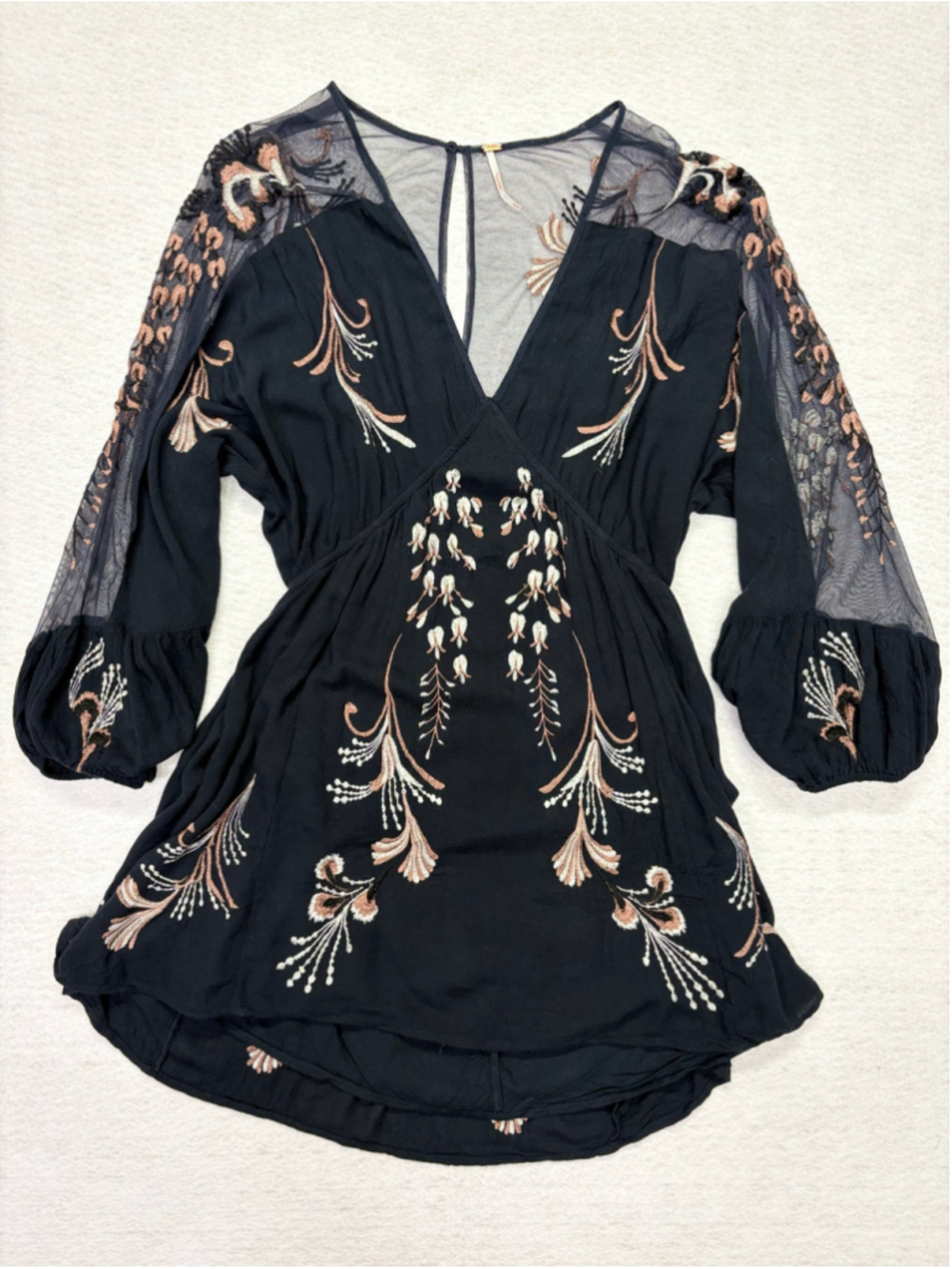 Free People M Black Embroidered Mesh Sleeve Mini Dress Boho Floral